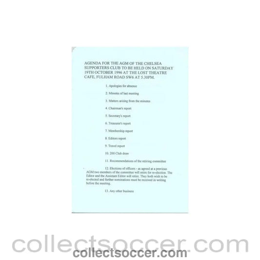 1996 - Chelsea Supporters' Club Annual General Meeting Agenda of 19/10/1996 - Collect Soccer
