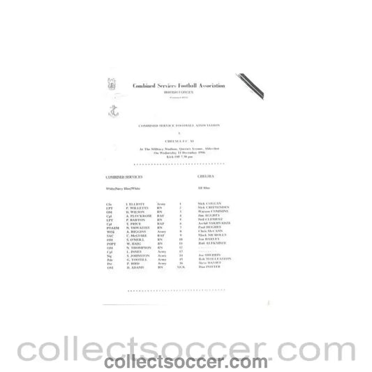 1996 - Combined Services v Chelsea XI official teamsheet 11/12/1996 - Collect Soccer