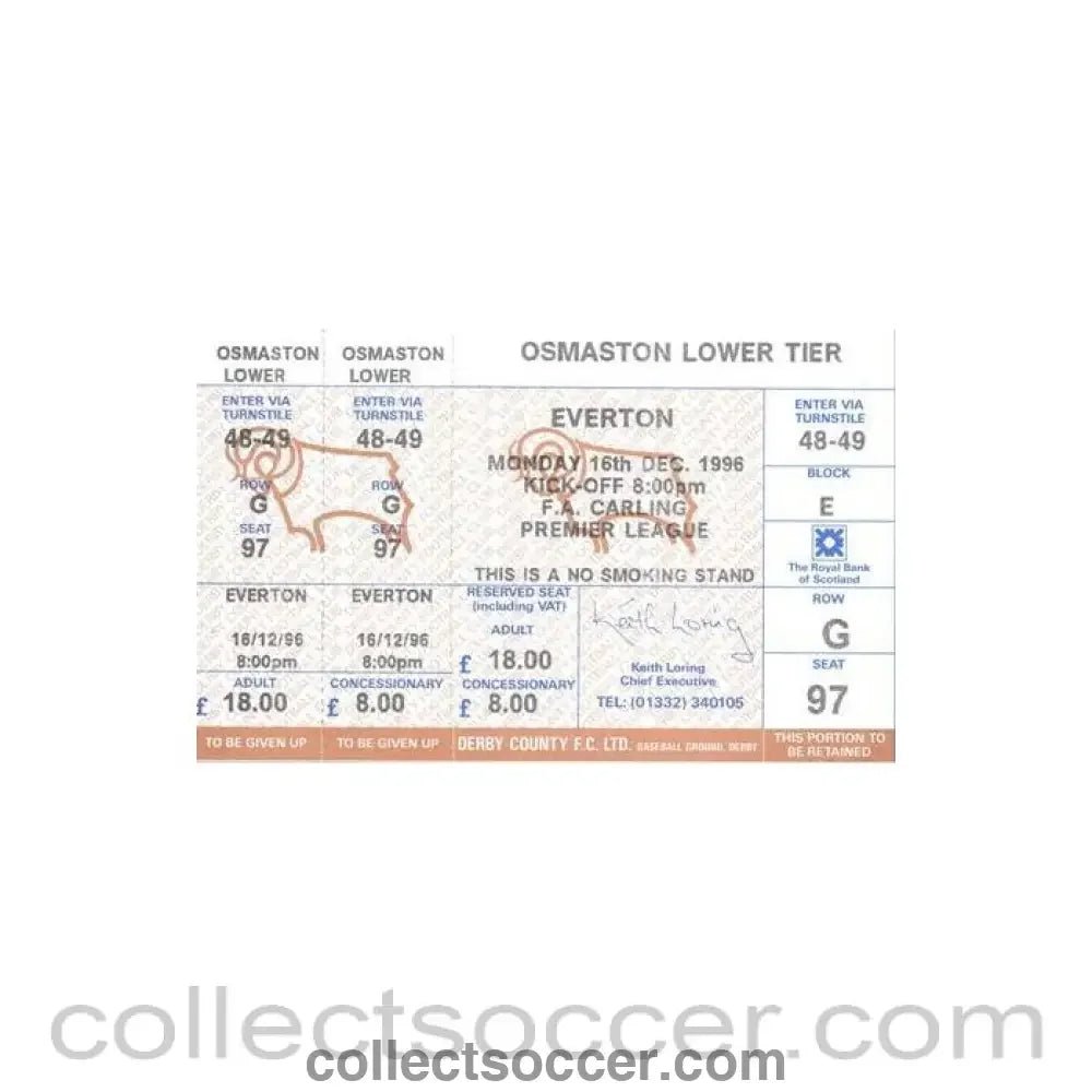 1996 - Derby County v Everton ticket 16/12/1996 Premier League - Collect Soccer