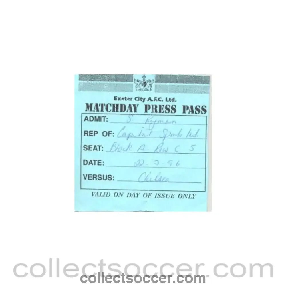 1996 - Exeter v Chelsea press pass 22/07/1996 - Collect Soccer