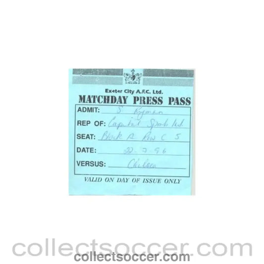 1996 - Exeter v Chelsea press pass 22/07/1996