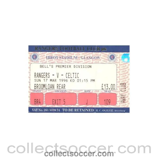 1996 - Glasgow Rangers v Celtic ticket 17/03/1996 Scottish Premier League