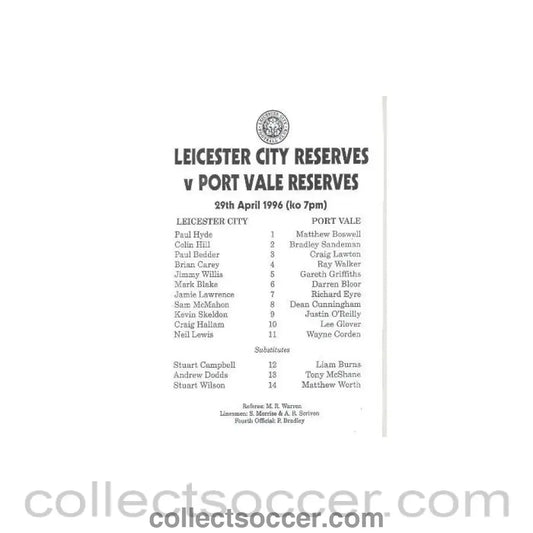 1996 - Leicester City v Port Vale official programme 29/04/1996 - Collect Soccer