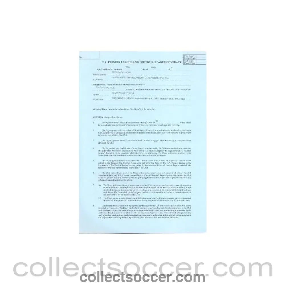 1996 - Premier League And Football League Player Contract between Kevin Mark Tyrell and Wigan Athletic of 25/04/1996 - Collect Soccer