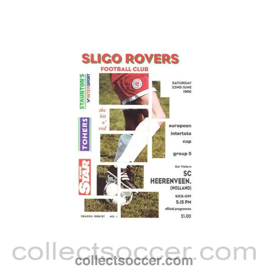 1996 Sligo Rovers v Heerenveen official programme 22/06/1996 European Intertoto Cup
