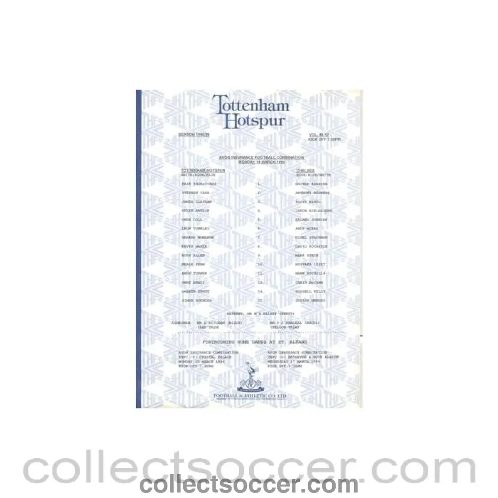 1996 - Tottenham Hotspur v Chelsea Reserves official teamsheet 18/03/1996 Football Combination - Collect Soccer