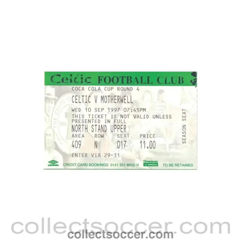 1997 - Celtic v Motherwell ticket 10/09/1997 Coca Cola Cup - Collect Soccer