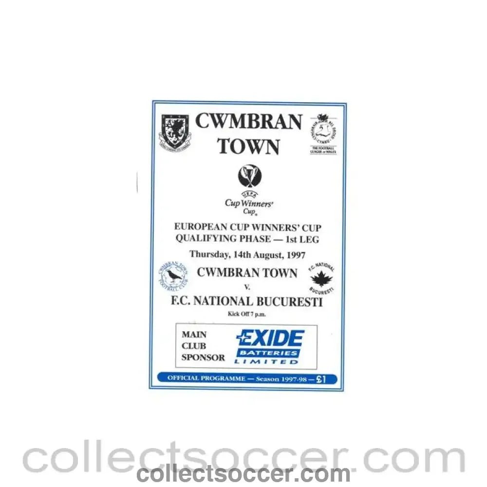 1997 - Cwmbran Town v National Bucharest official programme 14/08/1997 Cup Winners Cup - Collect Soccer
