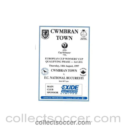 1997 - Cwmbran Town v National Bucharest official programme 14/08/1997 Cup Winners Cup - Collect Soccer
