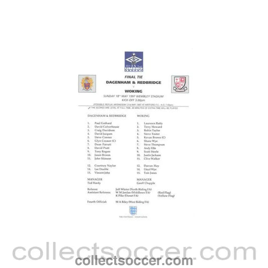 1997 - Dagenham & Redbridge v Woking official teamsheet 18/05/1997UMBRO Trophy Final - Collect Soccer