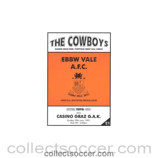 1997 - Ebbw Vale v Casino Graz official programme 29/06/1997 Intertoto Cup - Collect Soccer