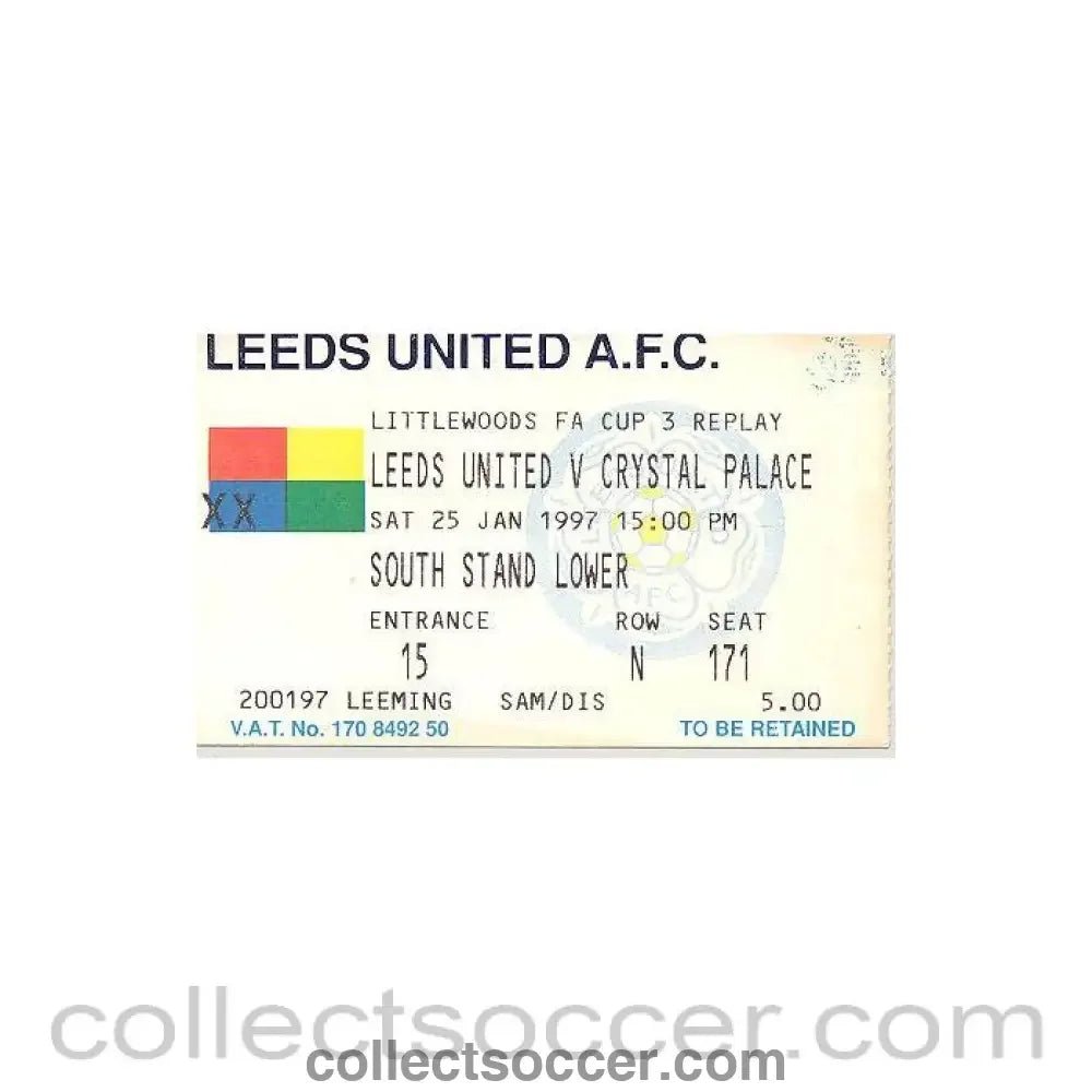 1997 - Leeds United v Crystal Palace ticket 25/01/1997 Littlewoods Cup - Collect Soccer