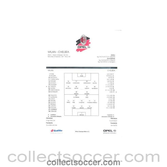 1997 - Milan v Chelsea 19/02/1997 friendly match official colour teamsheet - Collect Soccer
