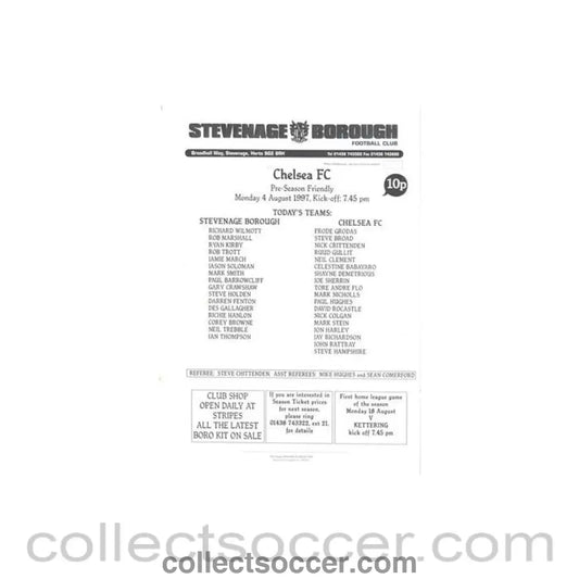 1997 - Stavenage Borough vChelsea official programme 04/08/1997 Pre - Season Friendly - Collect Soccer
