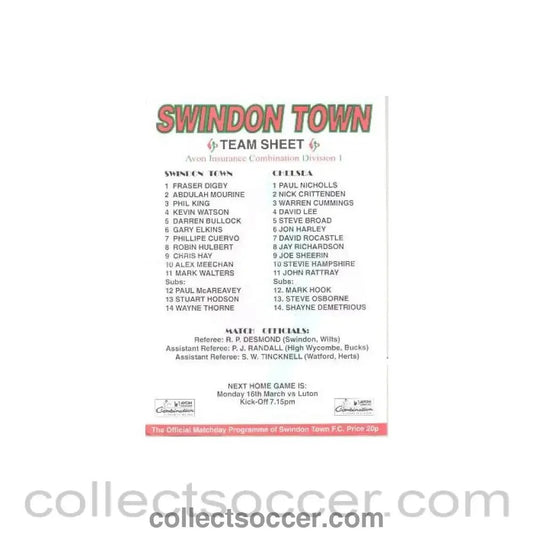 1997 - Swindon Town v Chelsea colour teamsheet probably of season 1997 - 1998 - Collect Soccer
