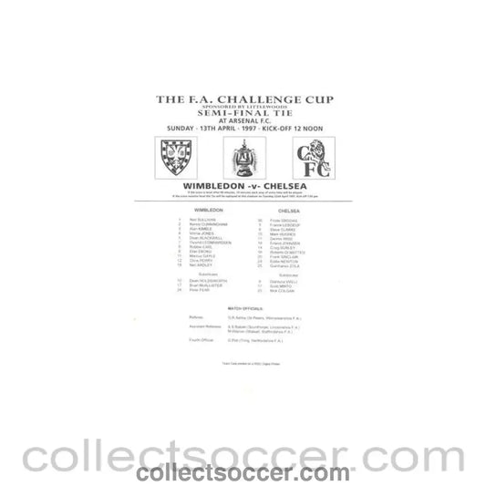 1997 - Wimbledon v Chelsea official teamsheet 13/04/1997 F.A. Cup Semi-Final