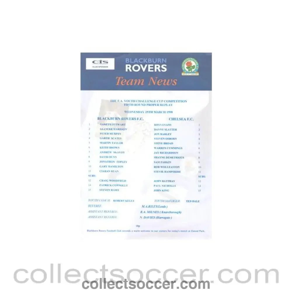 1998 - Blackburn Rovers v Chelsea official colour teamsheet 25/03/1998 F.A. Youth Challenge Cup - Collect Soccer