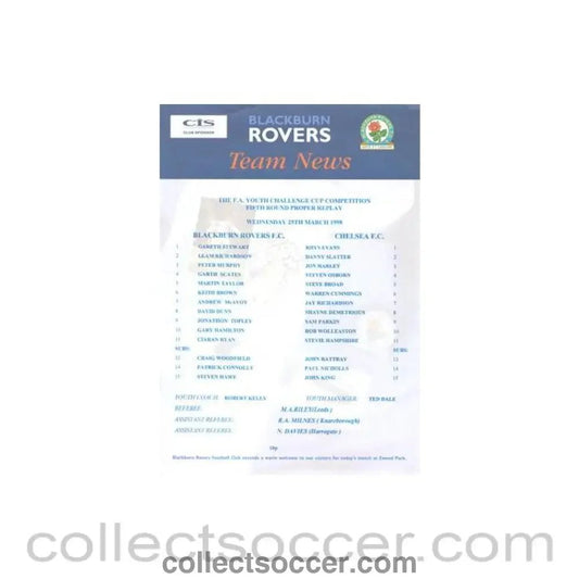 1998 - Blackburn Rovers v Chelsea official colour teamsheet 25/03/1998 F.A. Youth Challenge Cup - Collect Soccer