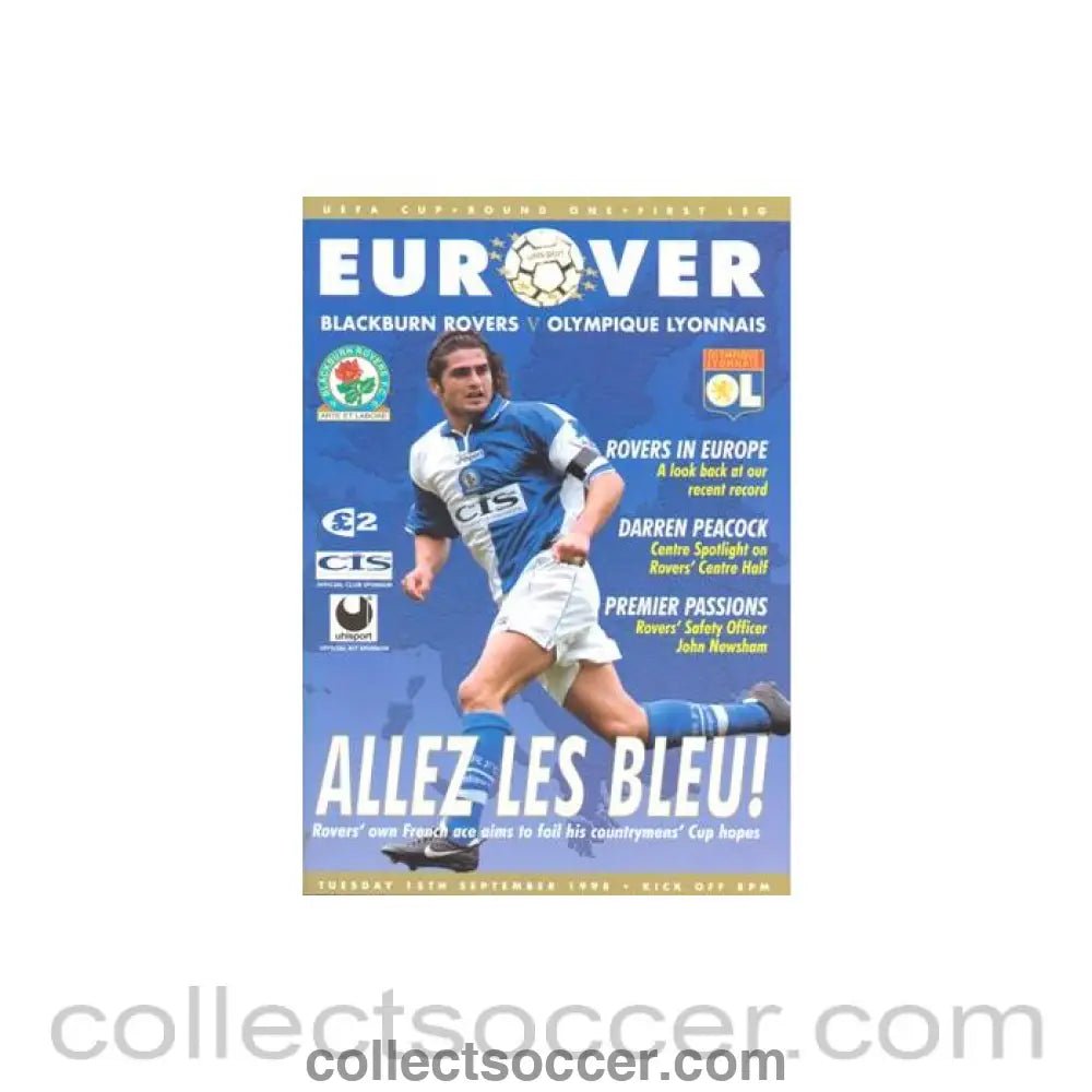 1998 - Blackburn Rovers v Olympique Lyonnais official programme 15/09/1998 UEFA Cup - Collect Soccer