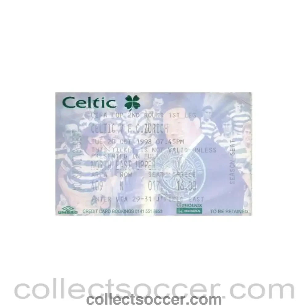1998 - Celtic v Zurich ticket 20/10/1998 UEFA Cup