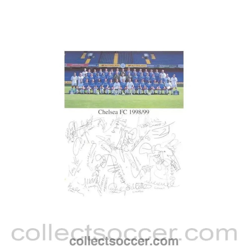 1998 - Chelsea FC 1998-1999 card with a team photograph and facsimile signatures of the entire team - Collect Soccer