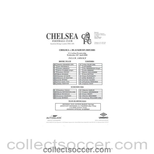 1998 - Chelsea v Blackburn Rovers official teamsheet 29/04/1998 Premier League - Collect Soccer