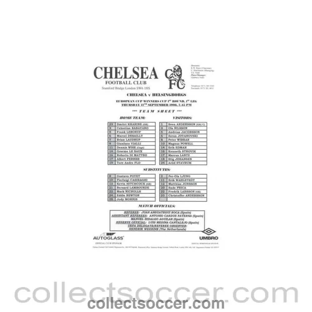 1998 - Chelsea v Helsingborg teamsheet 17/09/1998 Cup Winners Cup