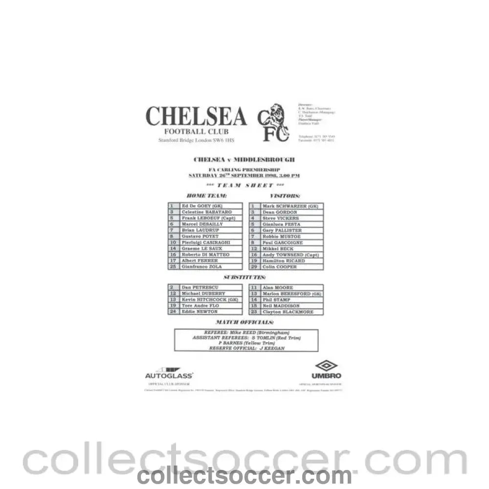 1998 - Chelsea v Middlesbrough official teamsheet 26/09/1998 Premier League - Collect Soccer