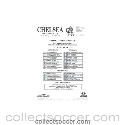 1998 - Chelsea v Middlesbrough official teamsheet 26/09/1998 Premier League