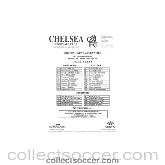 1998 - Chelsea v Newcastle United official teamsheet 22/08/1998 Premier League - Collect Soccer