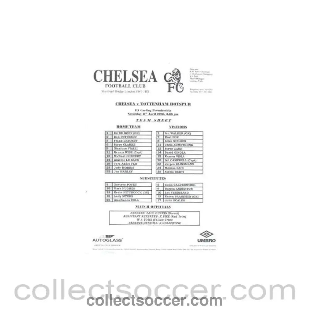 1998 - Chelsea v Tottenham Hotspur official teamsheet 11/04/1998 Premier League - Collect Soccer