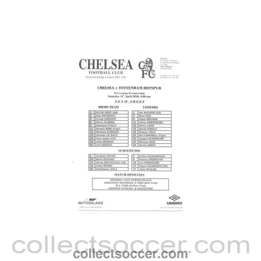 1998 - Chelsea v Tottenham Hotspur official teamsheet 11/04/1998 Premier League - Collect Soccer