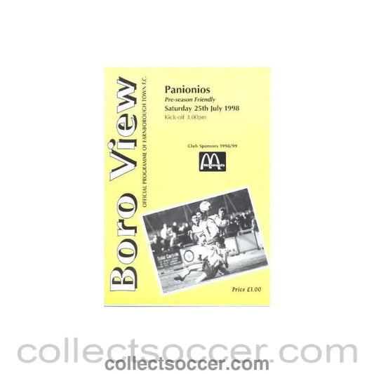 1998 - Farnborough Town v Panionios Greece official programme 25/07/1998 Pre - Season Friendly - Collect Soccer