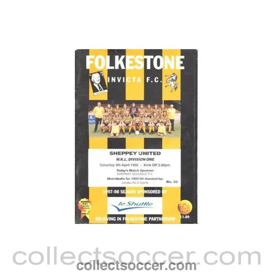 1998 - Folkstone v Sheppey United official programme 04/04/1998 Football League - Collect Soccer