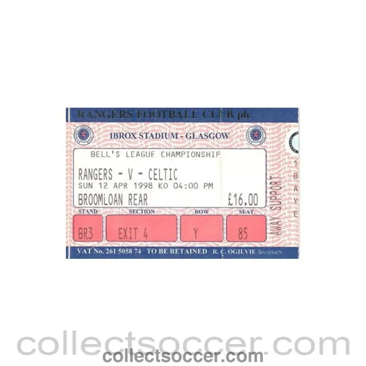 1998 - Glasgow Rangers v Celtic ticket 12/04/1998 Scottish League