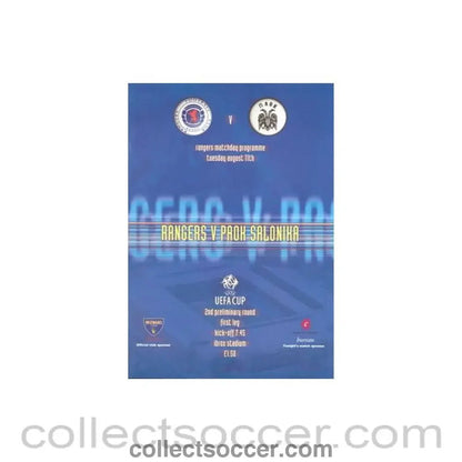 1998 - Glasgow Rangers v Salonika official programme 11/08/1998 UEFA Cup - Collect Soccer