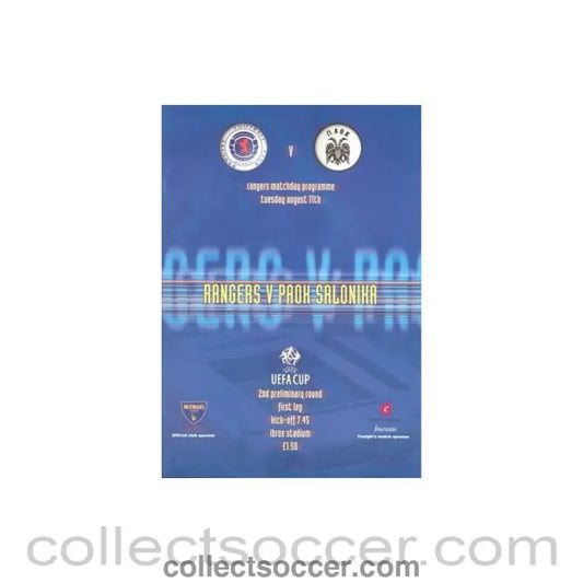 1998 - Glasgow Rangers v Salonika official programme 11/08/1998 UEFA Cup - Collect Soccer