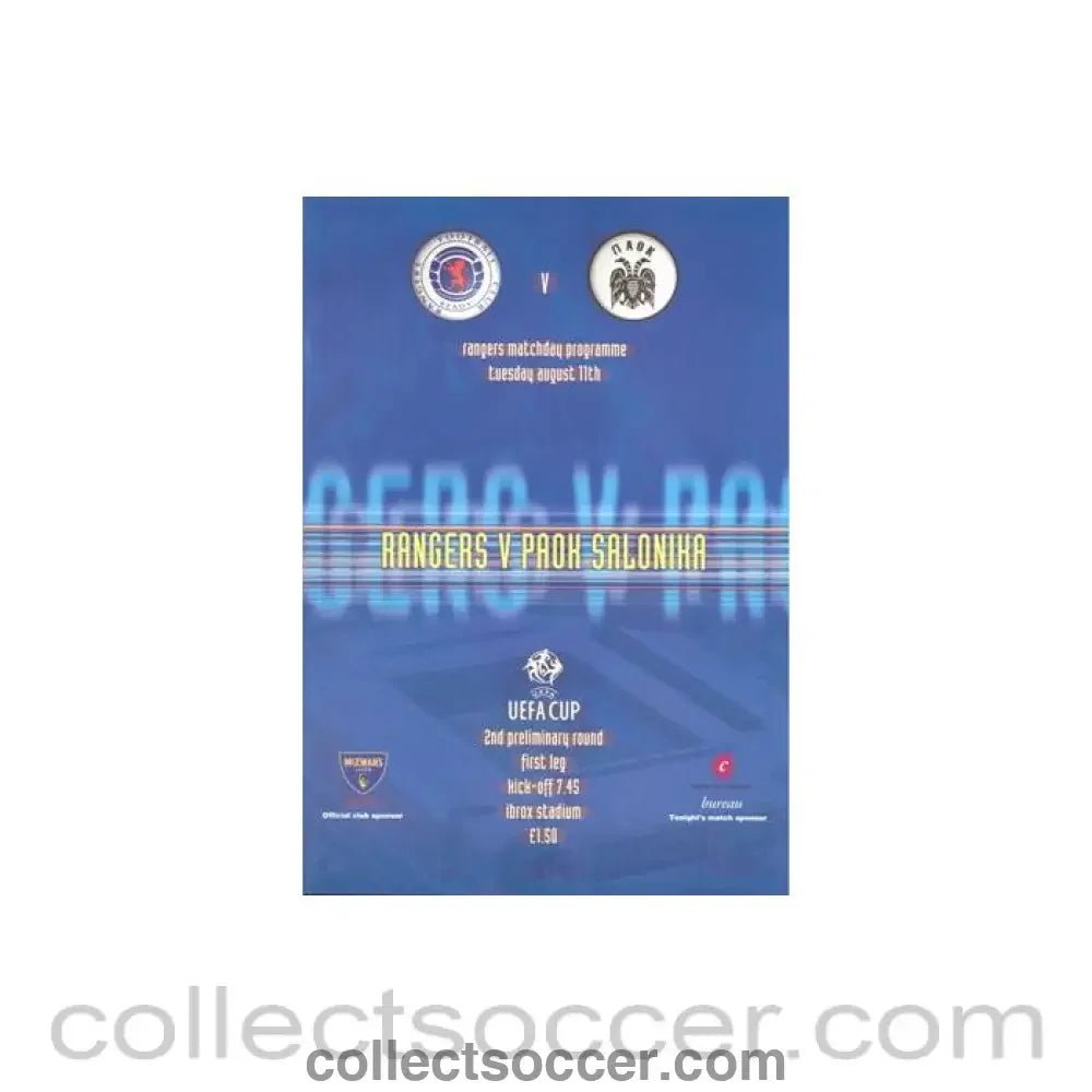1998 - Glasgow Rangers v Salonika official programme 11/08/1998 UEFA Cup - Collect Soccer