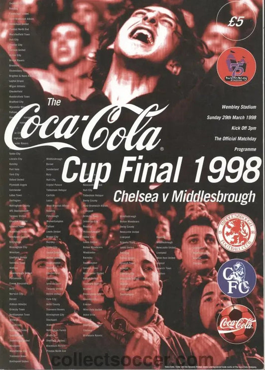 1998 League Cup Final Programme Chelsea v Middlesbrough - Collect Soccer