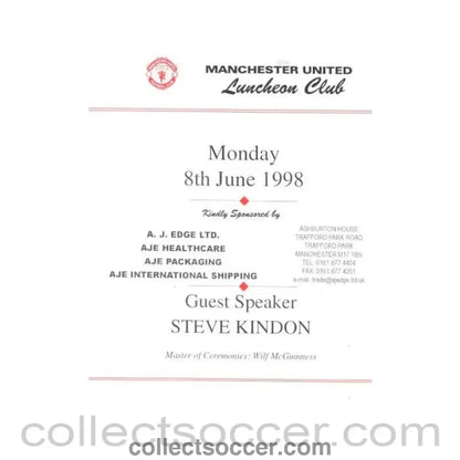 1998 - Manchester United Menu 08/06/1998