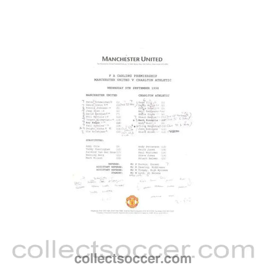 1998 - Manchester United v Charlton Athletic teamsheet 09/09/1998 Premier League - Collect Soccer
