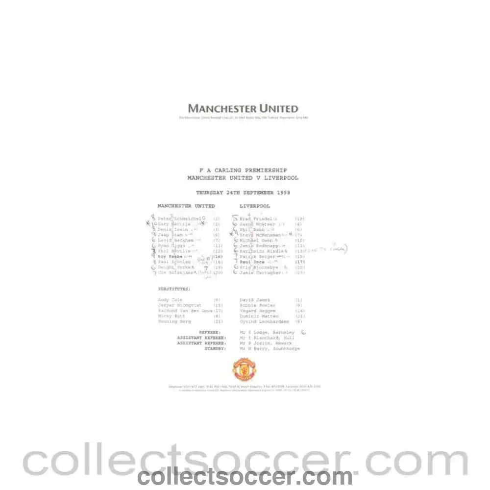 1998 - Manchester United v Liverpool teamsheet 24/09/1998 Premier League - Collect Soccer