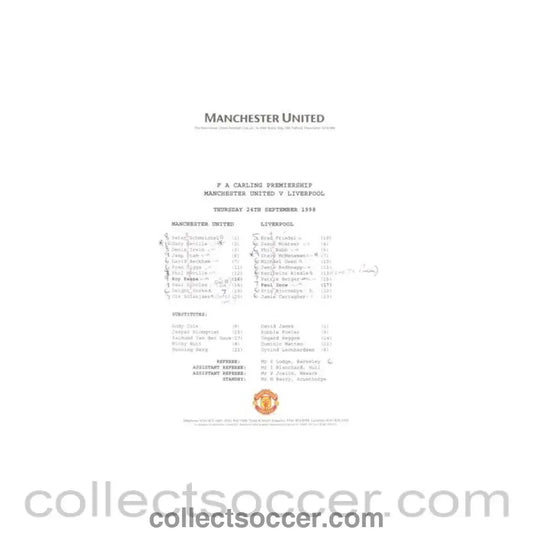 1998 - Manchester United v Liverpool teamsheet 24/09/1998 Premier League