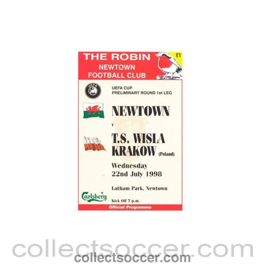 1998 - Newtown v Wisla Krakow Poland official programme 22/07/1998 UEFA Cup - Collect Soccer