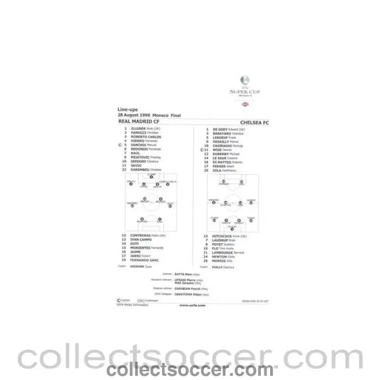 1998 - Real Madrid v Chelsea teamsheet 28/08/1998 Super Cup Final in Monaco