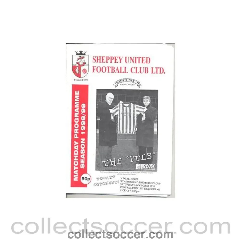 1998 - Sheppey United v Deal Town official programme 24/10/1998 Winstonlead Premier Cup - Collect Soccer