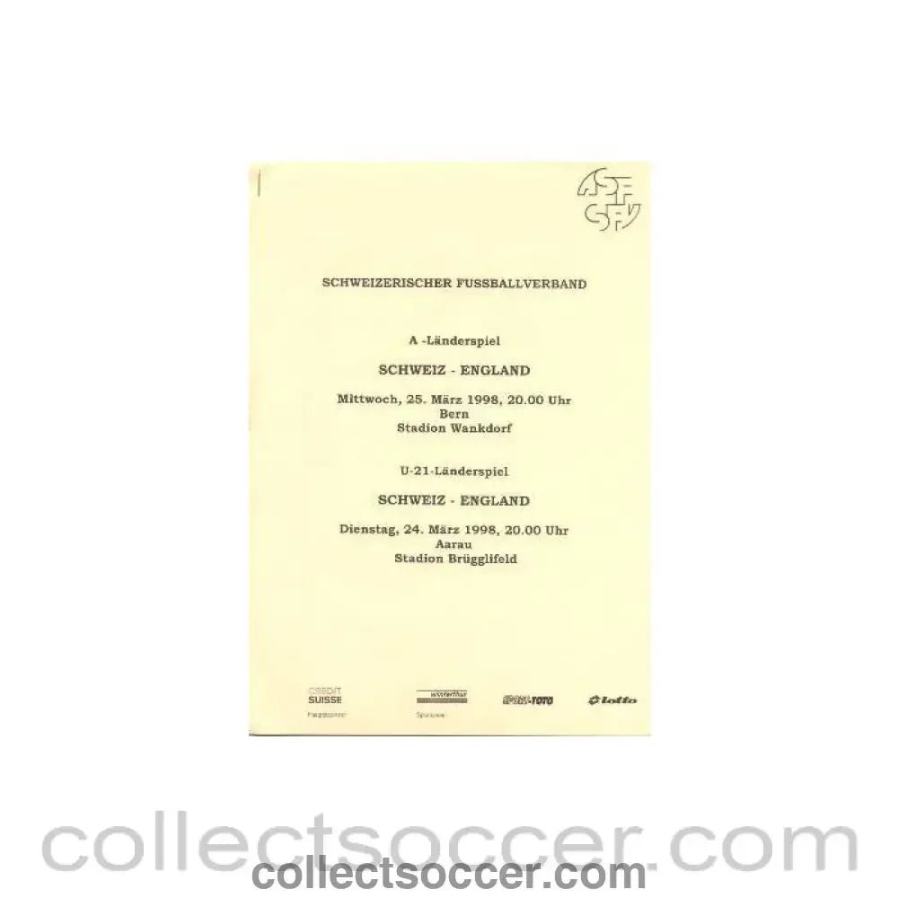 1998 - Switzerland v England press pack 25/03/1998 - Collect Soccer