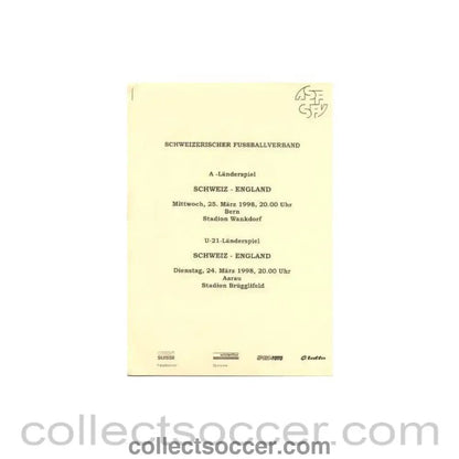 1998 - Switzerland v England press pack 25/03/1998 - Collect Soccer