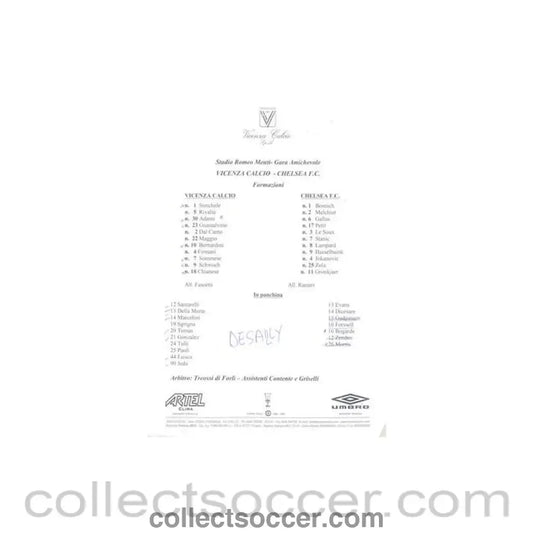 1998 - Vicenza v Chelsea official teamsheet 16/04/1998 Cup Winners Cup Semi-Final
