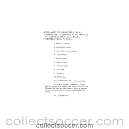 1999 - Agenda of Chelsea Supporters’ Club Meeting on 11/09/1999